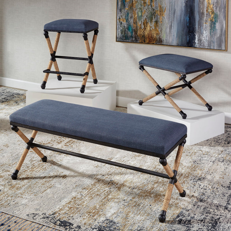 Uttermost Firth accent bench with wooden top and metal legs, stylish furniture piece for entryway or living room decor.