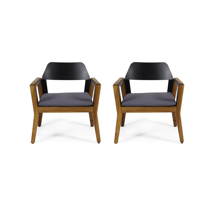 Noble House Soho outdoor club chair set with teak frames and cushions, featuring a transitional style for patio or garden seating.