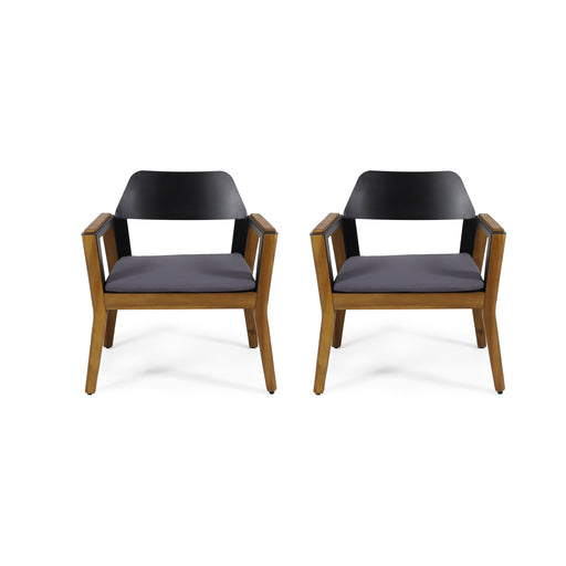 Noble House Soho outdoor club chair set with teak frames and cushions, featuring a transitional style for patio or garden seating.