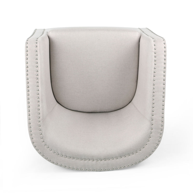 Modern upholstered Noble House swivel club chair with nailhead trim, featuring a plush fabric and a rounded backrest.