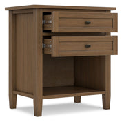 Brown Simpli-Home Warm Shaker bedside table with two drawers, accent nightstand for bedroom storage and decor.