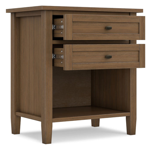 Brown Simpli-Home Warm Shaker bedside table with two drawers, accent nightstand for bedroom storage and decor.