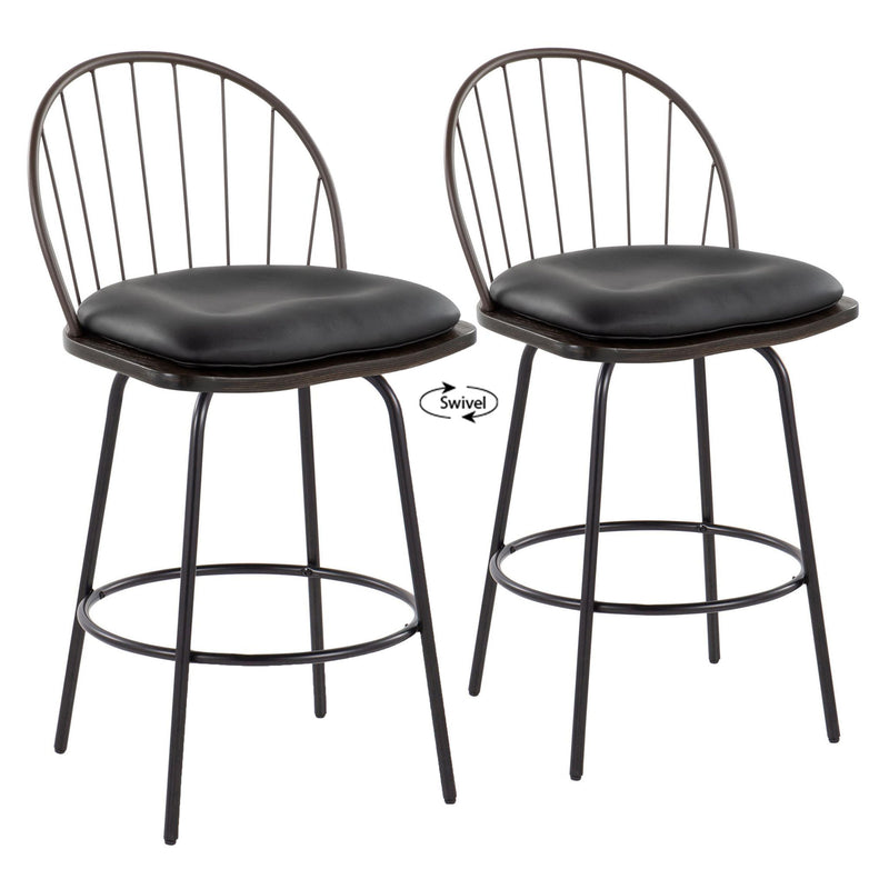Pair of Lumi Source Riley Claire Farmhouse fixed height counter stools with swivel and round footrest, set of 2.