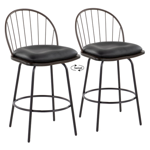 Pair of Lumi Source Riley Claire Farmhouse fixed height counter stools with swivel and round footrest, set of 2.