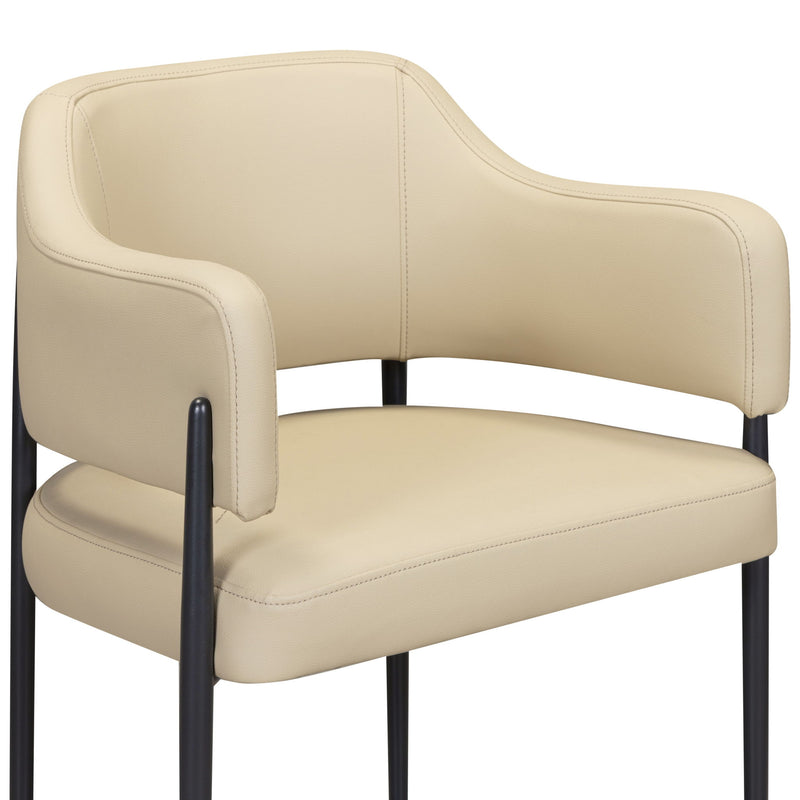 Sezanne vegan leather taupe dining arm chair by TOV Furniture with modern design and cushioned seat for dining room elegance.