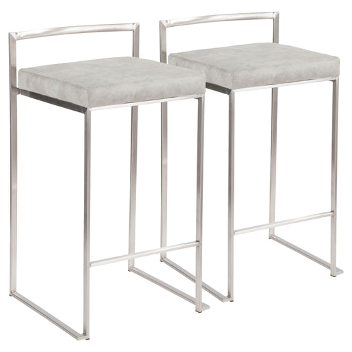Set of Fuji contemporary elegant stackable counter stools by Lumi Source, featuring sleek modern design and wooden seats.
