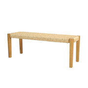 Outdoor stone bench with acacia wood and faux rattan seating, teak finish, by Noble House.