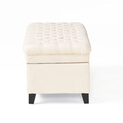 Noble House Juliana storage ottoman with birch wood legs, upholstered in neutral fabric, showcasing a functional and stylish design.