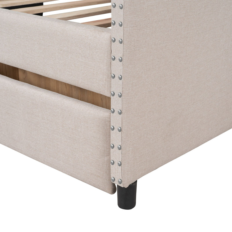 DreamHaus upholstered daybed with wood slat support and two storage drawers, showcasing a cozy, modern design in a bedroom setting.