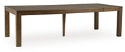Benchcraft Marxmore rectangular dining room table with butterfly extension in brown wood finish, showing extended surface and sturdy design.