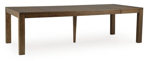 Benchcraft Marxmore rectangular dining room table with butterfly extension in brown wood finish, showing extended surface and sturdy design.