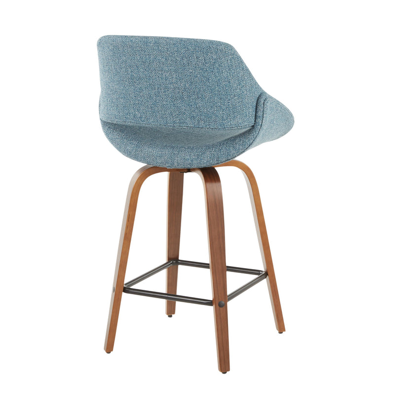 Set of two Lumi Source Fabrico mid-century modern counter stools with walnut legs and blue upholstered seats.