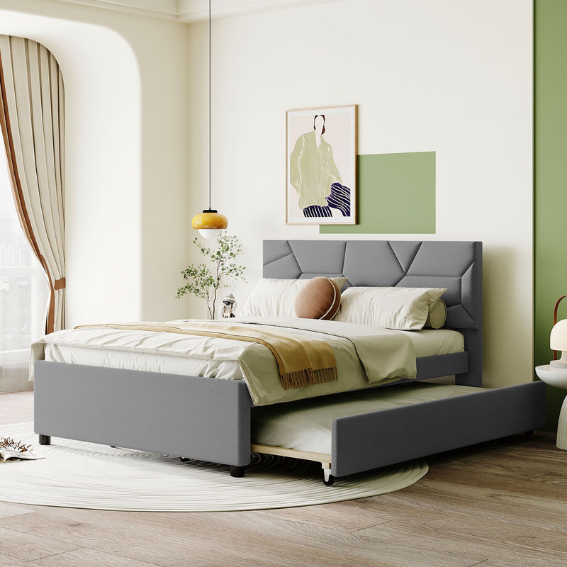 Upholstered Platform Bed With Brick Pattern Headboard And Twin Long Size Trundle - R&R Furniture Gallery (Fountain Valley, CA)