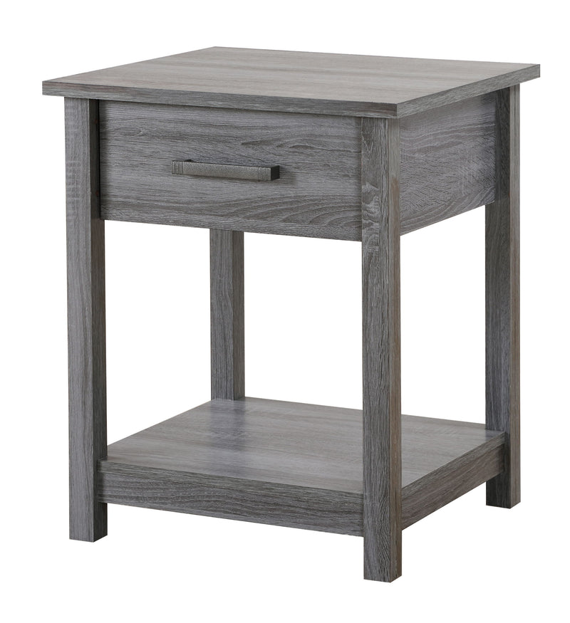 Glory Furniture Salem accent nightstand with a dark wood finish and a single drawer, placed beside a bed in a modern bedroom setting.