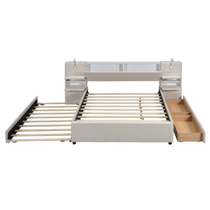 Upholstered Platform Bed With Reading Lights, Drawers, Trundle And Shelves - R&R Furniture Gallery (Fountain Valley, CA)