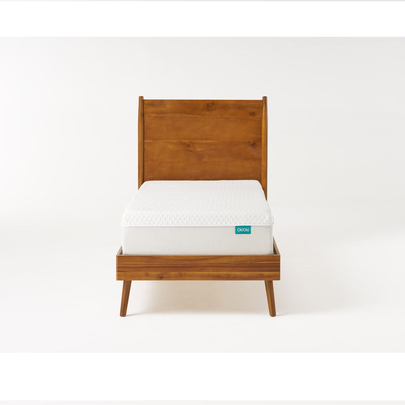 Okioki mid-century natural stained solid acacia wood platform bed by Noble House with a sleek, minimalist design.