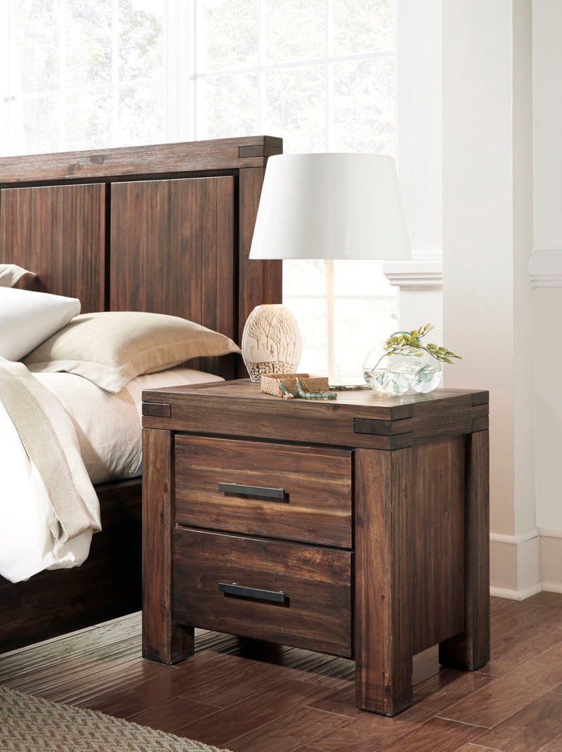 Modus Meadow two-drawer solid wood nightstand in brick brown with a simple design and natural wood finish.