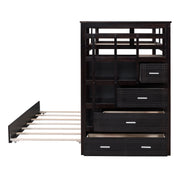 DreamHaus bunk bed with trundle and staircase, featuring twin sleeping areas and sturdy wooden construction in a modern bedroom setting.