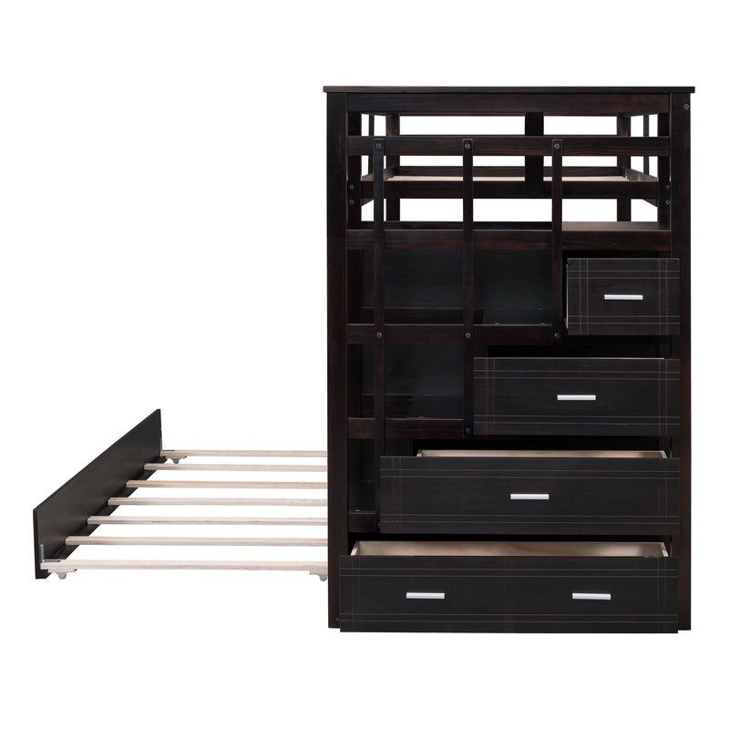 DreamHaus bunk bed with trundle and staircase, featuring twin sleeping areas and sturdy wooden construction in a modern bedroom setting.