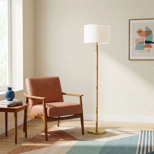 Stellar - Linen Shade Floor Lamp - Gold / Natural Wood / Rattan / White - R&R Furniture Gallery (Fountain Valley, CA)