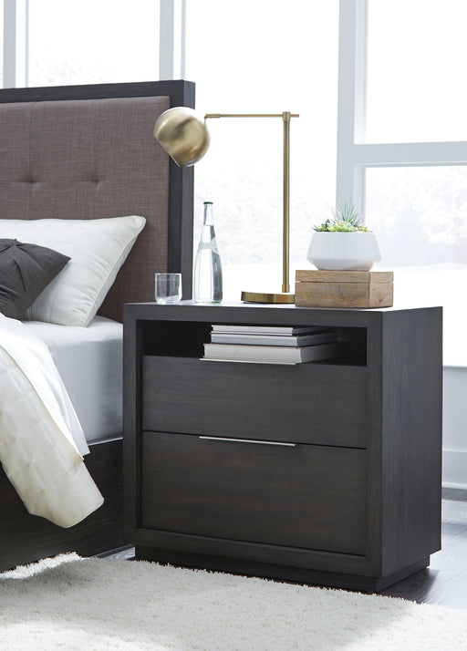 Basalt grey Oxford two-drawer nightstand by Modus showing sleek wooden finish and modern standalone design.