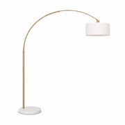 Ambient Arch Floor Lamp by Ashcroft Furniture with large linen shade and gold brass arc design, 84 inches tall for living room decor.