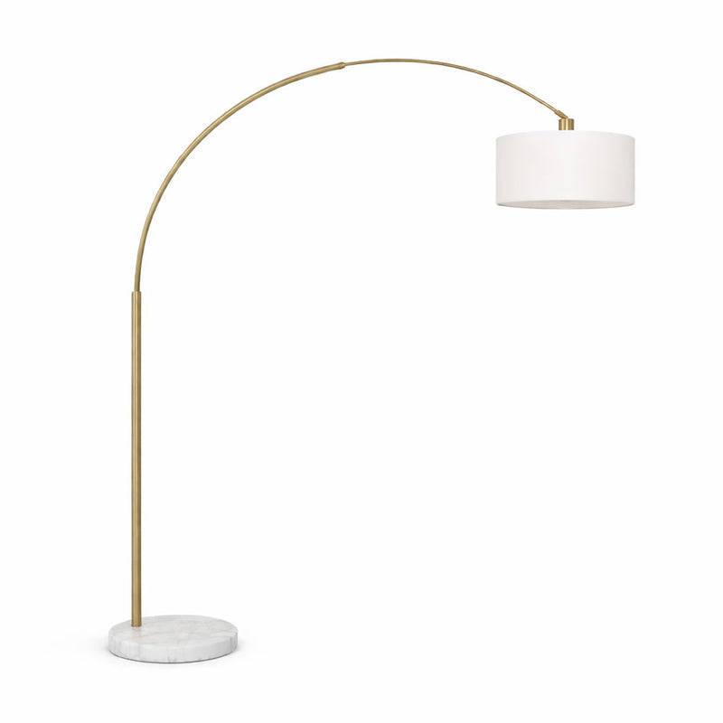 Ambient Arch Floor Lamp by Ashcroft Furniture with large linen shade and gold brass arc design, 84 inches tall for living room decor.