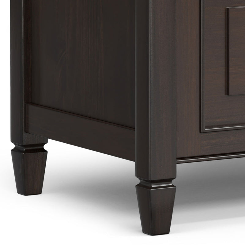 Simpli-Home Connaught storage bench with cushioned top and wooden base, ideal for entryway or living room seating and storage.