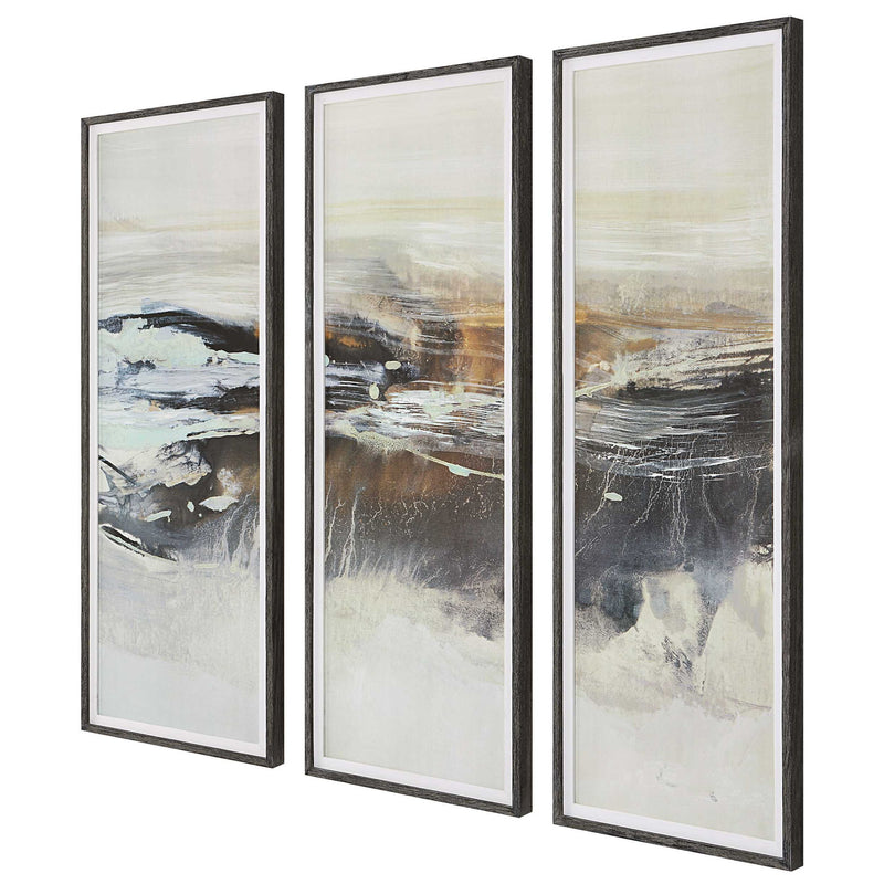 Set of three Uttermost Horizon framed canvas art prints in graphite and pearl silver, modern wall decor for living spaces.