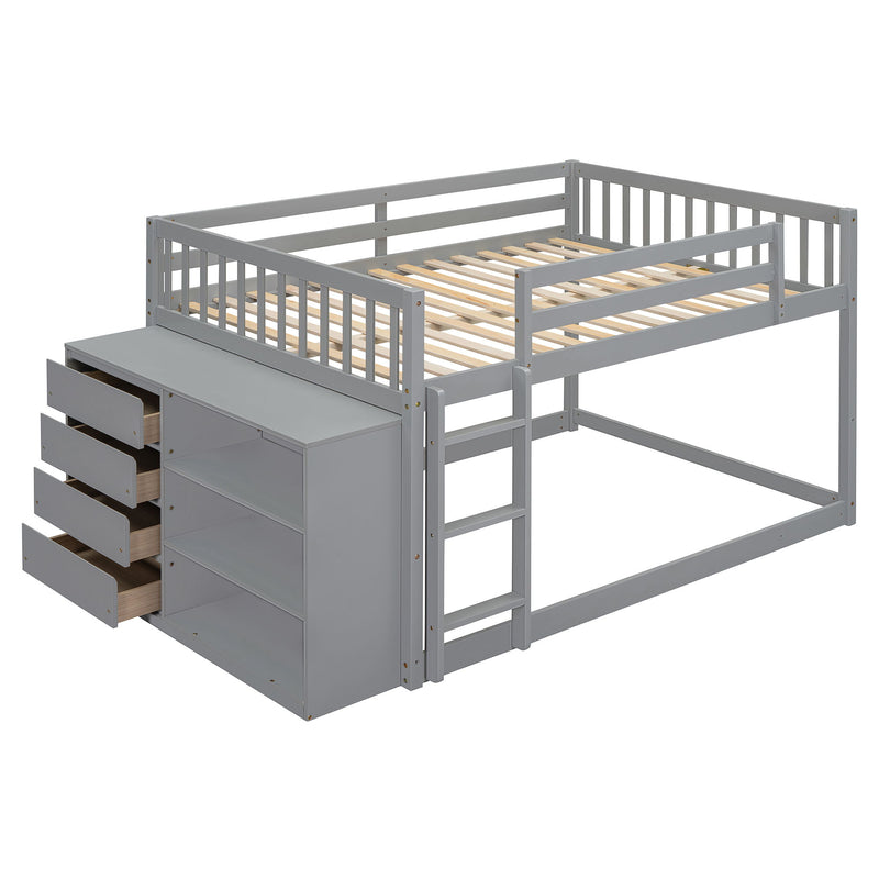 DreamHaus bunk bed with built-in four drawers and three shelves, featuring a sturdy wooden frame and space-saving design.