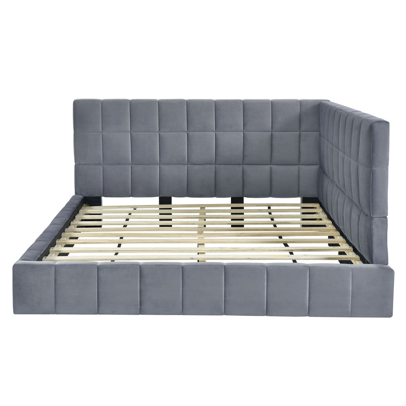 Gray DreamHaus full size upholstered mid-century modern daybed with elegant design, serves as a sofa bed frame.