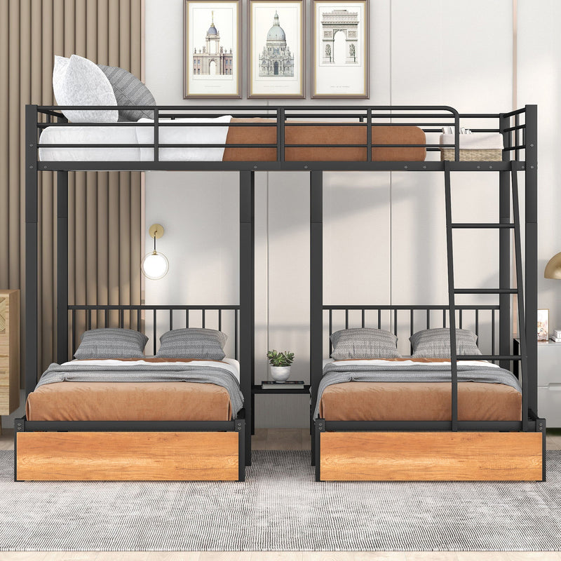 DreamHaus triple bunk bed with built-in drawers and safety guardrails, featuring sturdy wood construction and space-saving design.