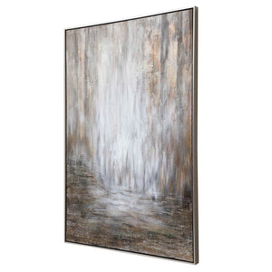 Hand painted abstract canvas art titled Desert Rain in pearl silver by Uttermost, featuring flowing, textured brushstrokes.