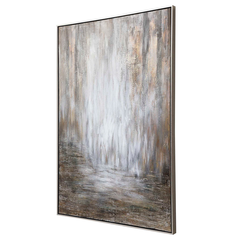Hand painted abstract canvas art titled Desert Rain in pearl silver by Uttermost, featuring flowing, textured brushstrokes.