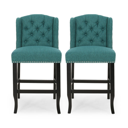 Set of two Noble House Vienna fabric tufted counter stools with nailhead accents, showcasing plush upholstered seats and dark wood legs.