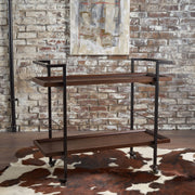 Modern industrial Noble House bar cart with shelving, casters, and a sleek metal frame for stylish beverage storage.