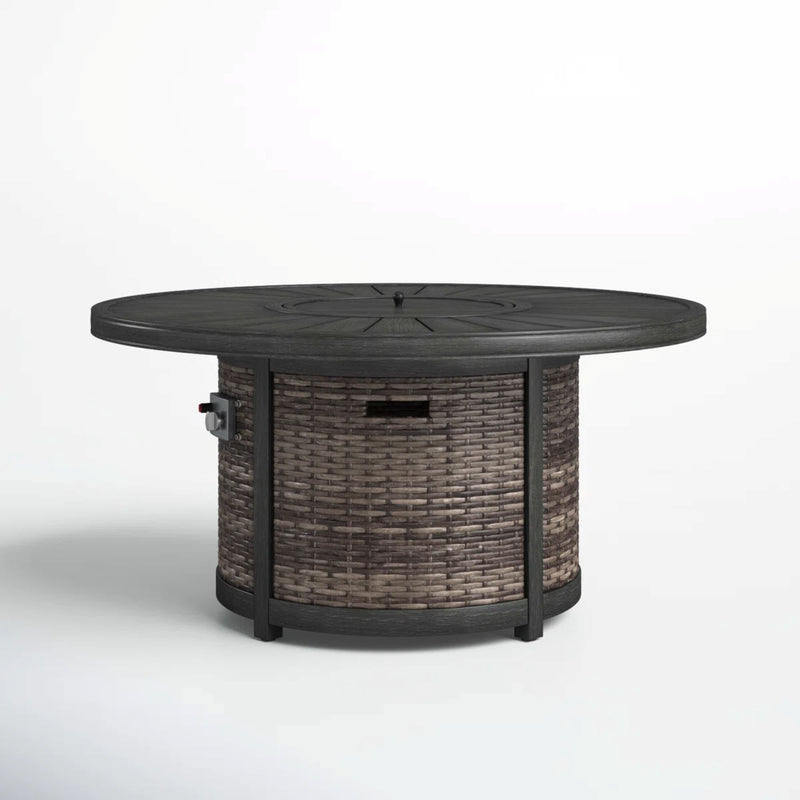 Brown Cassara Resort propane outdoor fire pit table by LSI Patio Furniture with a square design and built-in fire bowl.
