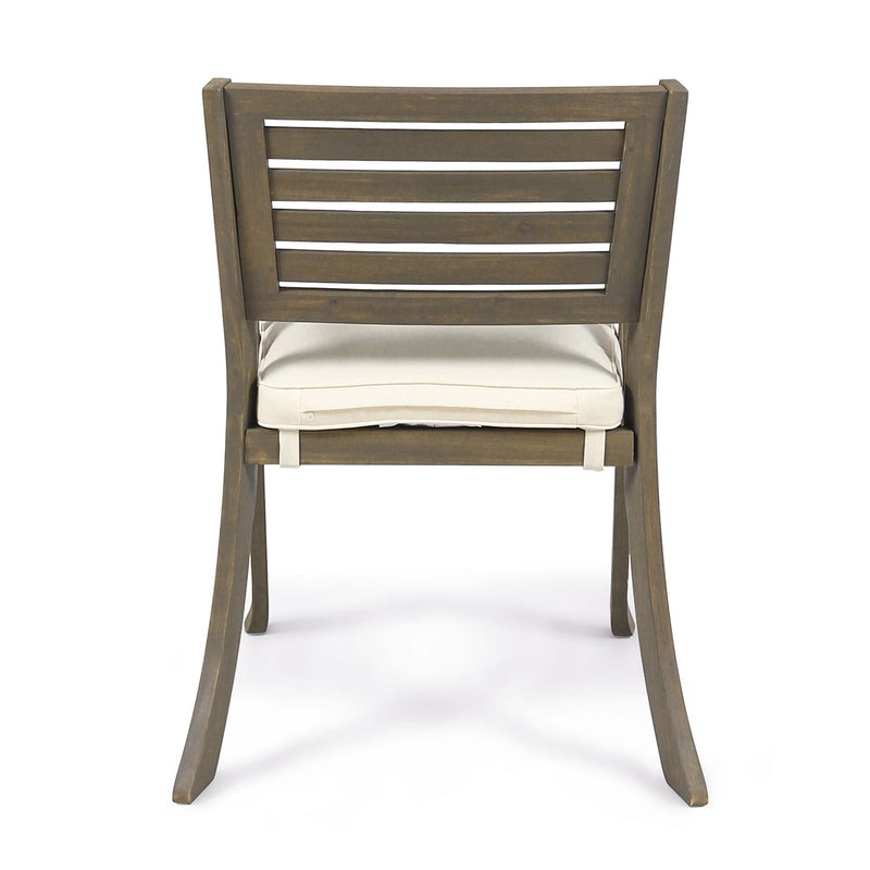 Noble House Helen outdoor acacia wood dining chairs set of 2 in gray and creme with slatted seats and armrests