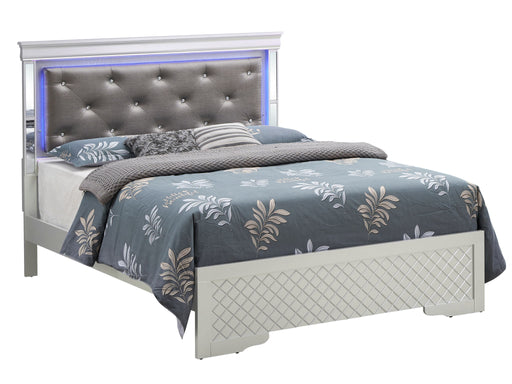 Upholstered bed with LED light accents on headboard by Glory Furniture, showcasing a modern design and soft fabric upholstery.