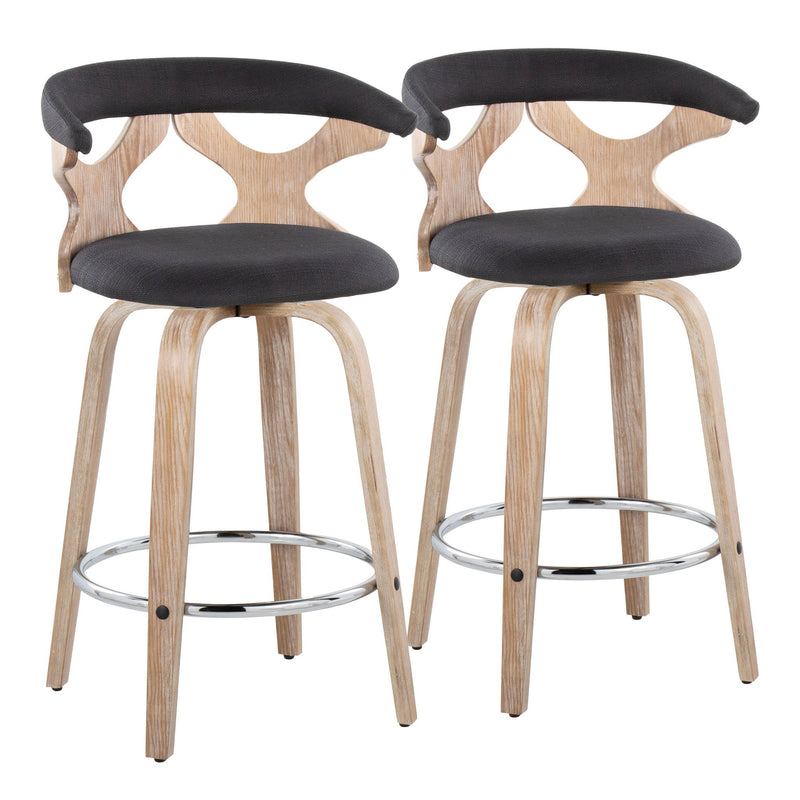 Lumi Source Gardenia mid-century modern counter stool set with swivel seats and wooden legs, shown in a contemporary dining setup
