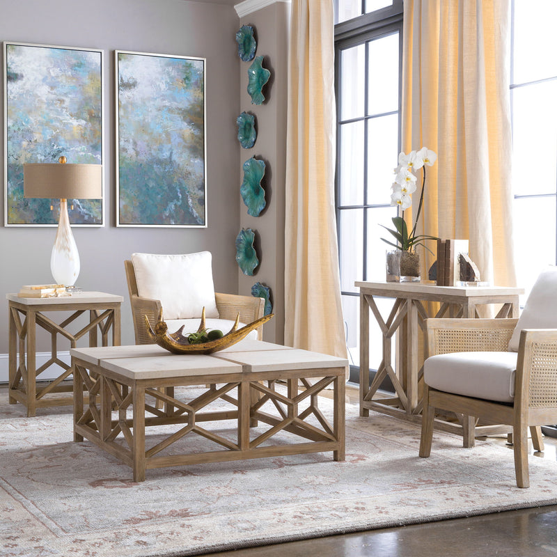 White and light brown stone end table from Uttermost's Catali collection, showcasing a sleek, modern design with smooth finishes.
