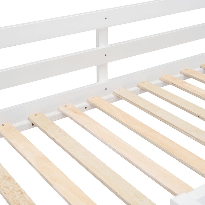 DreamHaus bunk bed with four drawers and three shelves, showing a sturdy wooden frame and ample storage space.