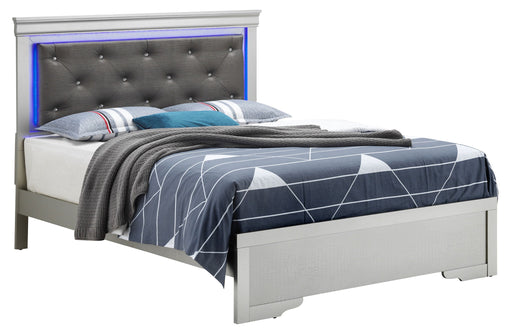 Upholstered LED bed in elegant design by Glory Furniture, showcasing a plush fabric headboard and ambient lighting.