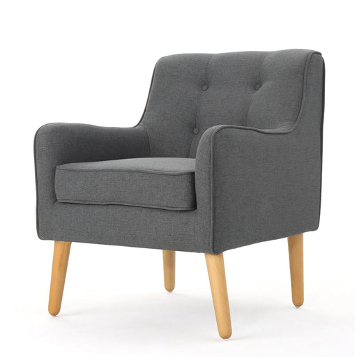 Noble House modern arm chair with tufted back and wooden legs, stylish and comfortable seating for living room decor.