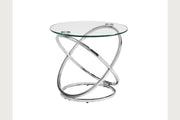 Chrome cocktail table set by Bernards Furniture featuring two sleek, modern tables with reflective chrome finishes.