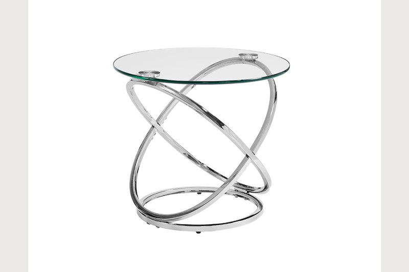 Chrome cocktail table set by Bernards Furniture featuring two sleek, modern tables with reflective chrome finishes.