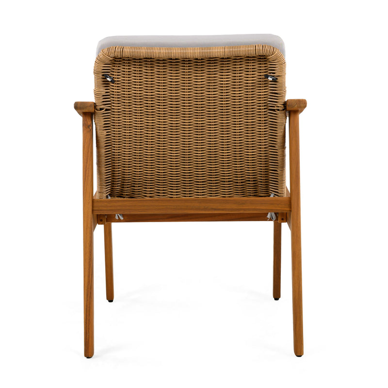 Set of two Noble House outdoor dining chairs with metal frames and woven seats, ideal for garden or patio outdoor dining.
