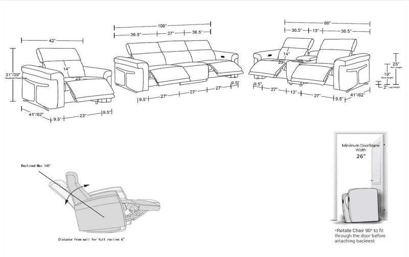 1126 - 7-Piece Modular Power Reclining Sofa, Loveseat & Chair Set In With 5 Power Recliners & Power Headrests