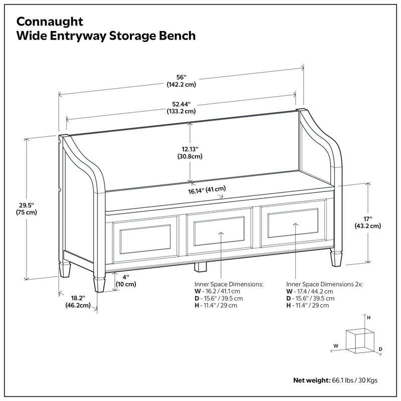 Simpli-Home Connaught Storage Bench with cushioned top and wooden legs, ideal for entryway or living room storage solution.