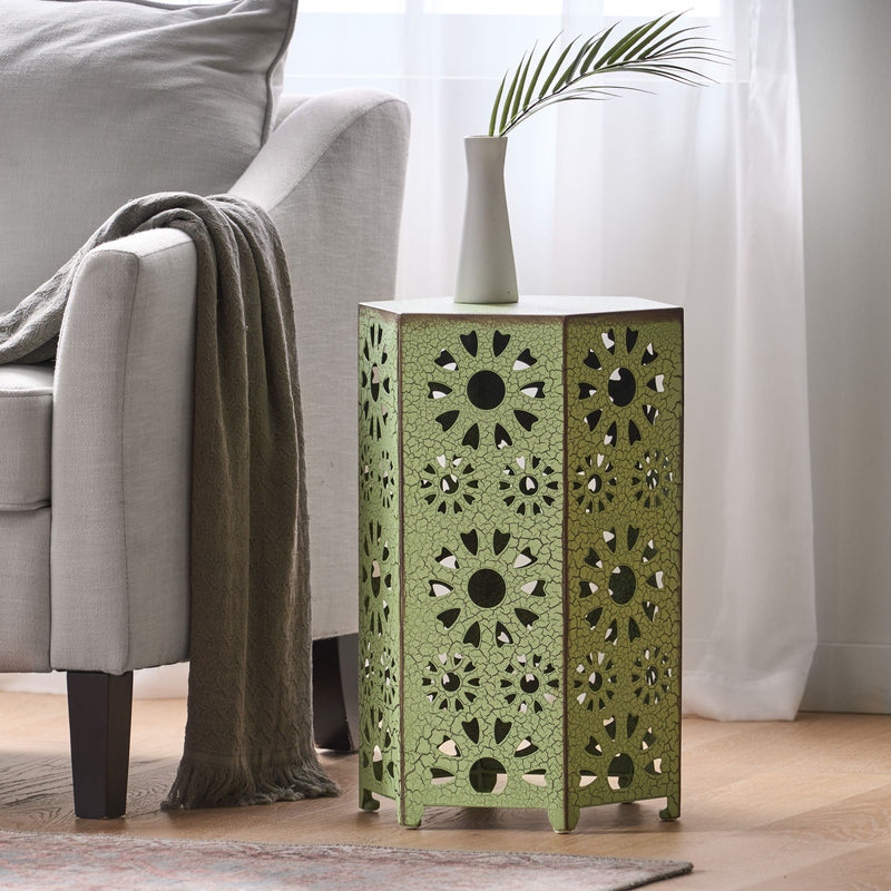 Noble House Galore side table with sunburst cutout design, round wooden surface, and modern decorative style.